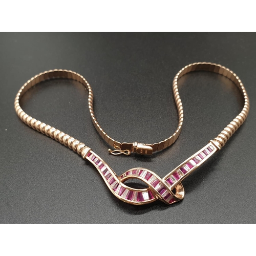 143 - AN ITALIAN DESIGNED 18K ROSE GOLD NECKLACE WITH 3 CT OF DIAMONDS AND 3CT OF PINK RUBY IN A FORGET ME... 