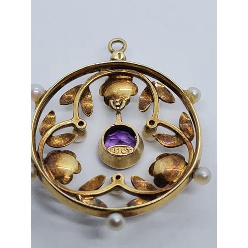 237 - 9K YELLOW GOLD ANTIQUE EDWARDIAN AMETHYST ANS SEED PEARL PENDANT, WEIGHT 3.2G AND 3CM DIAMETER APPRO... 