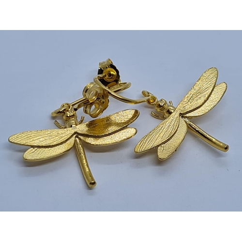 332 - PAIR  OF ALEX MONROE STERLING SILVER WITH GOLD VERMEIL DRAGONFLY DROP EARRINGS (UNWORN) 3CM DROP APP... 