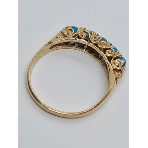 82 - 9K YELLOW GOLD VINTAGE TURQUOISE 5 STONE SET RING WEIGHT 1.9G SIZE M