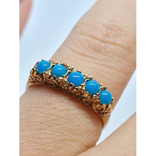 82 - 9K YELLOW GOLD VINTAGE TURQUOISE 5 STONE SET RING WEIGHT 1.9G SIZE M