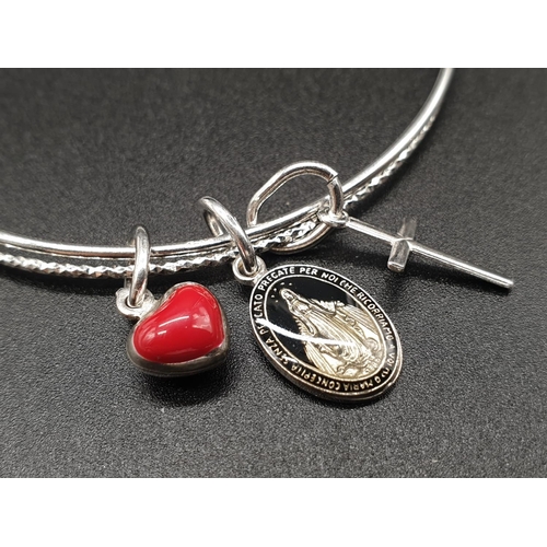 284 - STERLING SILVER DOUBLE BANGLE WITH 3 CHARMS WEIGHT 9.3G AND 7.5CM DIAMETER