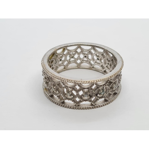 987 - Silver Geometric Patterned Ring interwoven with small White Stones. Size N1/2. 2.81g