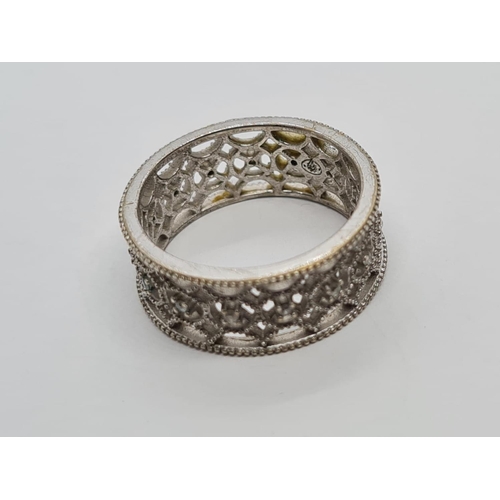 987 - Silver Geometric Patterned Ring interwoven with small White Stones. Size N1/2. 2.81g