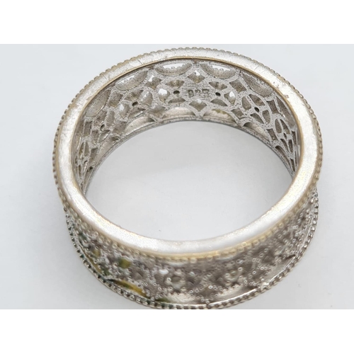 987 - Silver Geometric Patterned Ring interwoven with small White Stones. Size N1/2. 2.81g