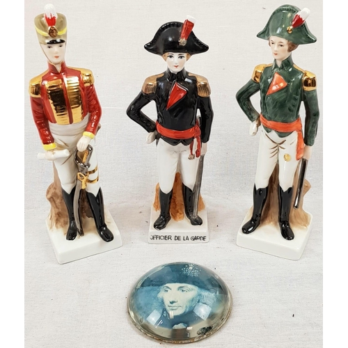 989 - 3 Military Figures and a Hand Cast Glass Paperweight with the image of Lord Nelson. Figures 22cm. Pa... 