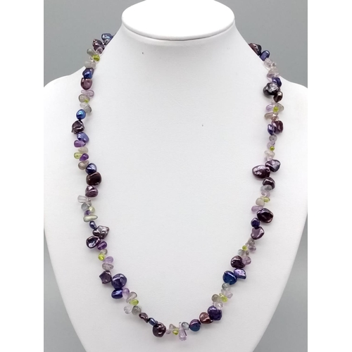 872 - Pearl, amethyst and peridot necklace set in silver clasp, weight 28g 50cm long