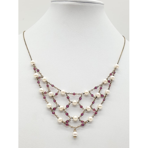 877 - Pink Ruby and Pearl Vintage NECKLACE set in 9ct Gold   8.0g     42cm length