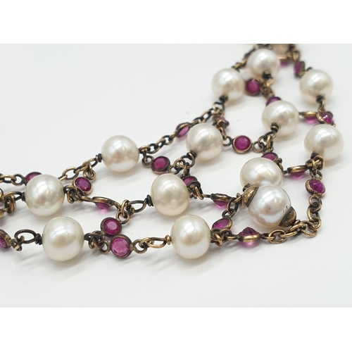 877 - Pink Ruby and Pearl Vintage NECKLACE set in 9ct Gold   8.0g     42cm length