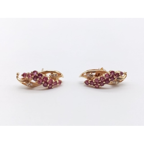 940 - 14CT YELLOW GOLD RUBY AND DIAMOND EARRINGS, WEIGHT 4G