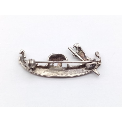 956 - Silver macasite ship brooch, weight 2.87cm and 3.5cm wide approx