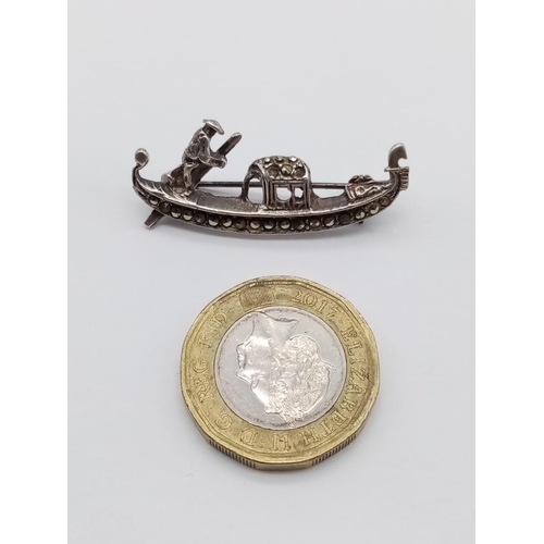 956 - Silver macasite ship brooch, weight 2.87cm and 3.5cm wide approx