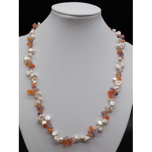 893 - Pearl, carnelian and amethyst necklace, weight 30g and 48cm long approx