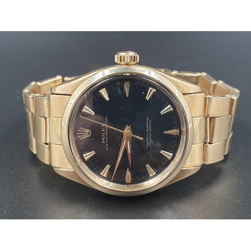 21 - VINTAGE 18CT GOLD ROLEX OYSTER PERPETUAL AUTOMATIC WITH DESIRABLE BLACK FACE 36MM