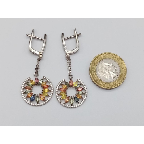 709 - Sterling Silver and Multi-Colour Marquise cut Sapphire Earrings in a presentation box. 5g