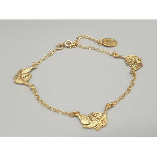 264 - ALEX MONROE STERLING SILVER WITH GOLD VERMEIL BRACELET WITH FEATHER CHARMS, EXTENDABLE LINKS