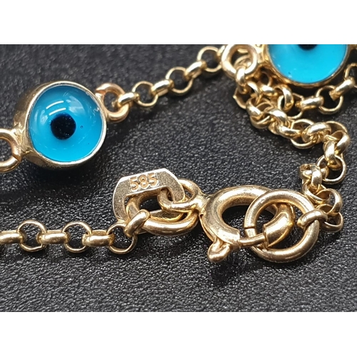 176 - 14K YELLOW GOLD EVIL EYE NECKLACE, WEIGHT 6G AND 44CM LONG