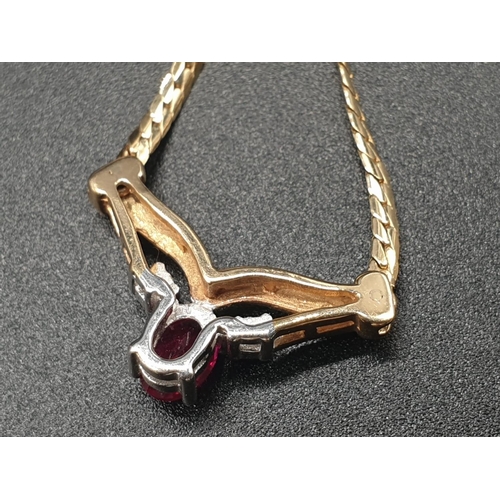 230 - 9K YELLOW GOLD SET WITH DIAMOND AND RED STONE NECKLACE, WEIGHT 6G AND 40CM LONG APPROZ