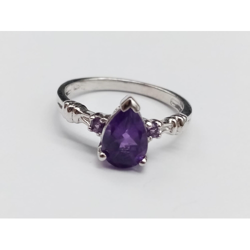 862 - Sterling Silver Amethyst Set Ring, size P with matching Necklace and Earring set in a presentation b... 