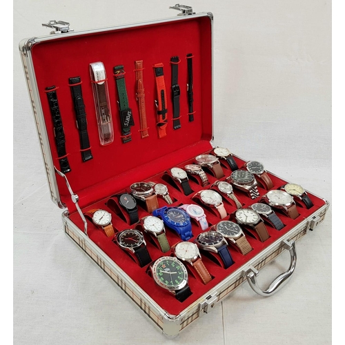 355 - An Assortment of 24 Gents and Ladies watches in a tartan decorated metal case. 8 spare straps. Every... 