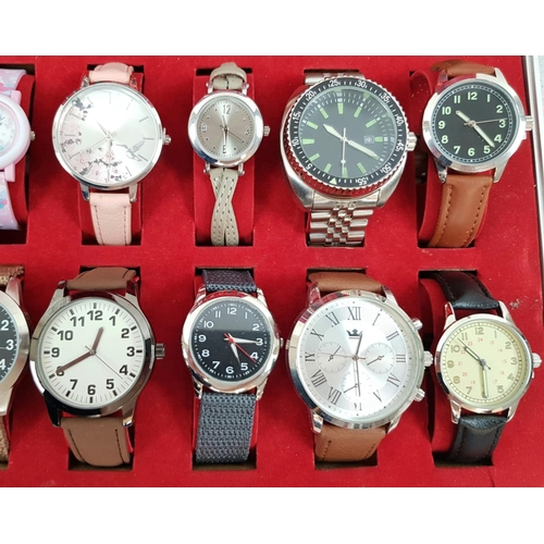 355 - An Assortment of 24 Gents and Ladies watches in a tartan decorated metal case. 8 spare straps. Every... 