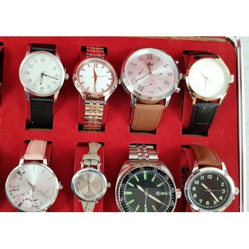 355 - An Assortment of 24 Gents and Ladies watches in a tartan decorated metal case. 8 spare straps. Every... 