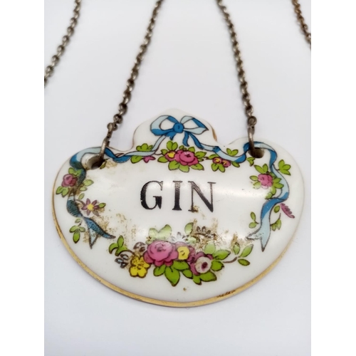 454 - Three Coalport Bone China Drink Tags. 2 Sherry and 1 Gin. Good Condition, on chains.