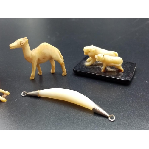 353 - Mixed Lot (6 pieces) of Antique Ivory Figurines and an Ivory necklace attachment (5cm). Deer -8cm hi... 