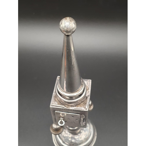 467 - Antique Silver Havdalah Spice Tower. Missing one underside bell. 21cm tall. 94g