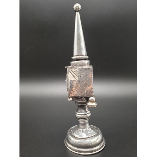 467 - Antique Silver Havdalah Spice Tower. Missing one underside bell. 21cm tall. 94g