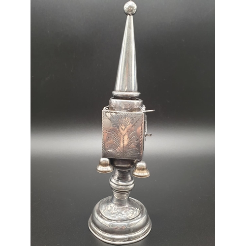 467 - Antique Silver Havdalah Spice Tower. Missing one underside bell. 21cm tall. 94g