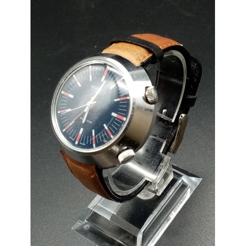 723 - Rare Ingersoll Sealion Watch, with Alarm. Leather Strap, Black Dial. Good condition, in working orde... 