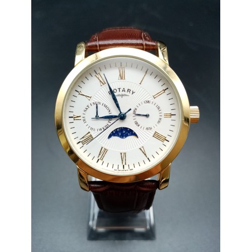 254 - Rotary gents watch with white face and leather strap, in original box