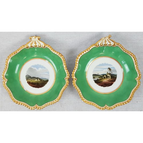 884 - Pair of Flight Barr and Barr Porcelain Dishes with hand paintings of Kirkham Priory, Yorkshire. Crac... 