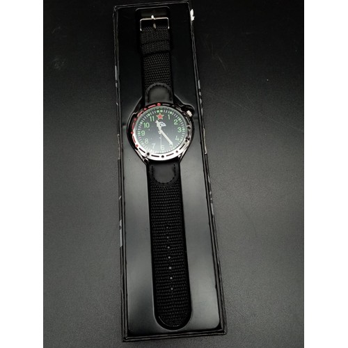 876 - Russian Tank Watch. Black cloth strap. Black Dial.
As new, in box.