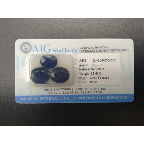 234 - 3 Natural Blue Sapphires with Oval Faceted, 15.45ct
11.60 x 8.17 x 5.97mm. Come with AIG certificate