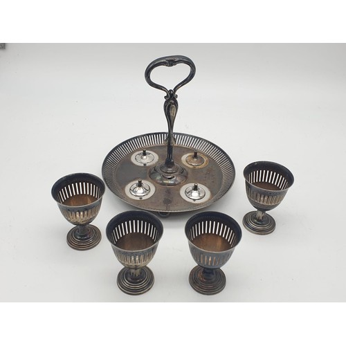 489 - Charming Vintage Pewter Boiled Egg Serving Tray.  Four Egg Cup Holders on a Circular Stand with Hand... 