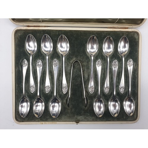 394 - Antique Silver Set of 12 Spoons and a Pair of Sugar Tongs. Sheffield Hallmark - 1912. Good Condition... 