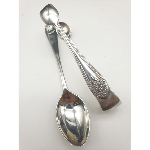 394 - Antique Silver Set of 12 Spoons and a Pair of Sugar Tongs. Sheffield Hallmark - 1912. Good Condition... 