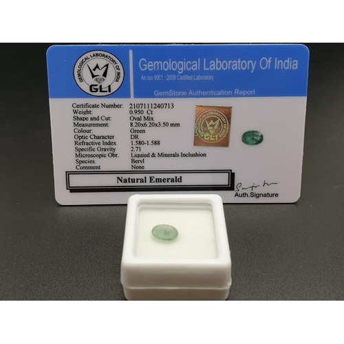 315 - 0.95 Cts Natural Zambian Emerald in Oval shape. 8.20 x 6.20 x 3.50mm. Come with GLI Certificated.