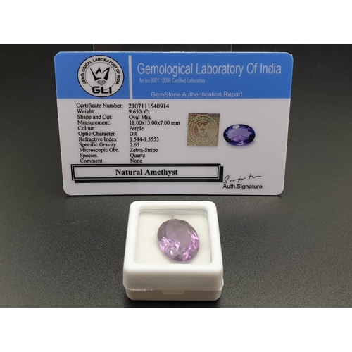 329 - 9.65 Cts Natural Amethyst. in Oval Mix shape. 18 x 13 x 7mm. Come with GLI Certificated