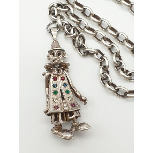 342 - Silver Link Necklace with Clown Multi-Coloured Stone Pendant. 46cm. Clown 4.5cm. 36.24g total weight