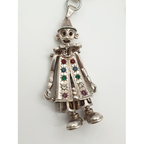 342 - Silver Link Necklace with Clown Multi-Coloured Stone Pendant. 46cm. Clown 4.5cm. 36.24g total weight