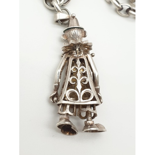 342 - Silver Link Necklace with Clown Multi-Coloured Stone Pendant. 46cm. Clown 4.5cm. 36.24g total weight