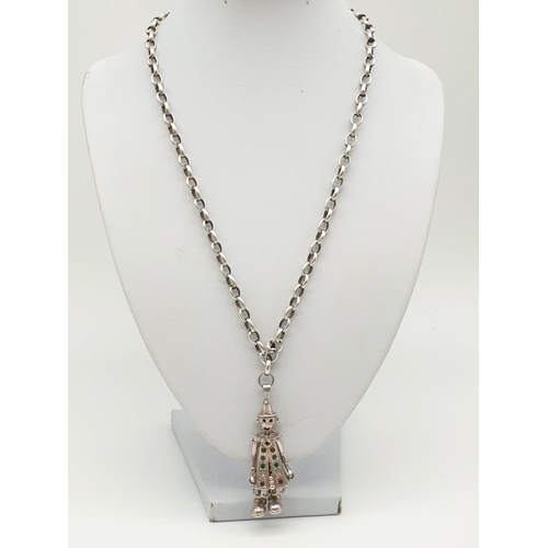 342 - Silver Link Necklace with Clown Multi-Coloured Stone Pendant. 46cm. Clown 4.5cm. 36.24g total weight