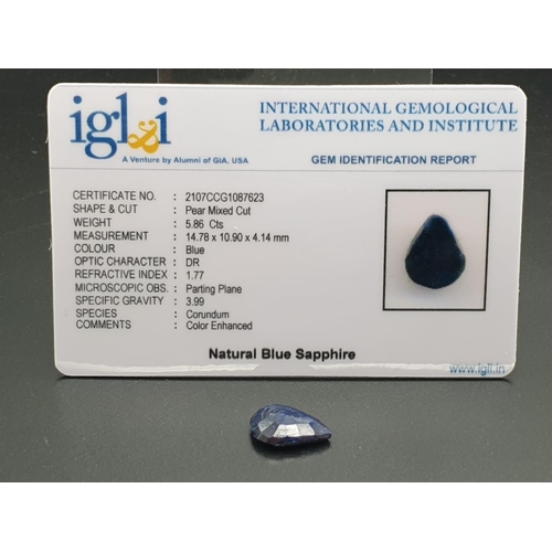 357 - 5.86 Cts Natural Blue Sapphire in Pear Cut. 14.78 x 10.90 x 4.14mm. Come with IGL&I Certificated