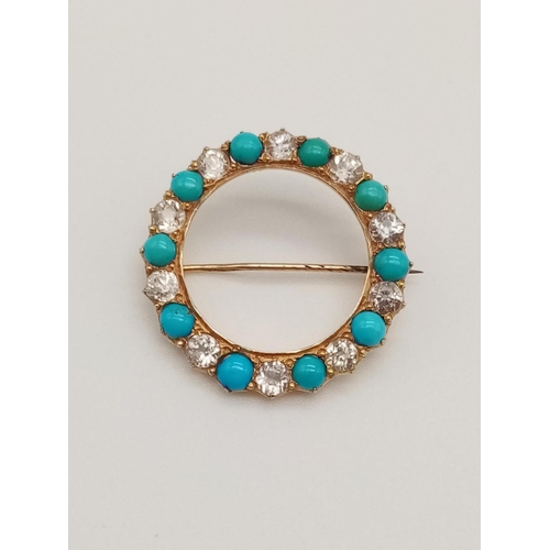 340 - Yellow gold turquoise brooch, WEIGHT 2.4G and 25mm diameter
