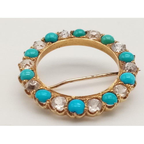 340 - Yellow gold turquoise brooch, WEIGHT 2.4G and 25mm diameter