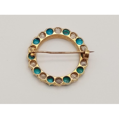 340 - Yellow gold turquoise brooch, WEIGHT 2.4G and 25mm diameter
