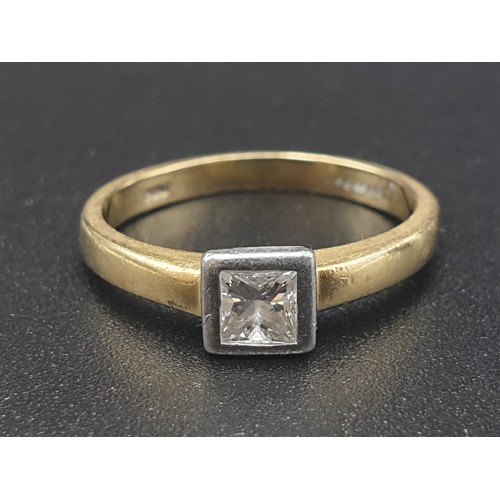 49 - 18k Yellow Gold Diamond Ladies Ring. Size J. 3.11g. Princess cut diamond. Original heart-shaped box.